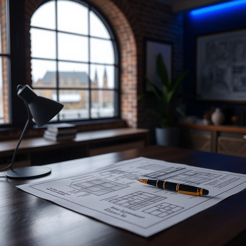 Bureau met bouwtekeningen en vulpen in indigo licht