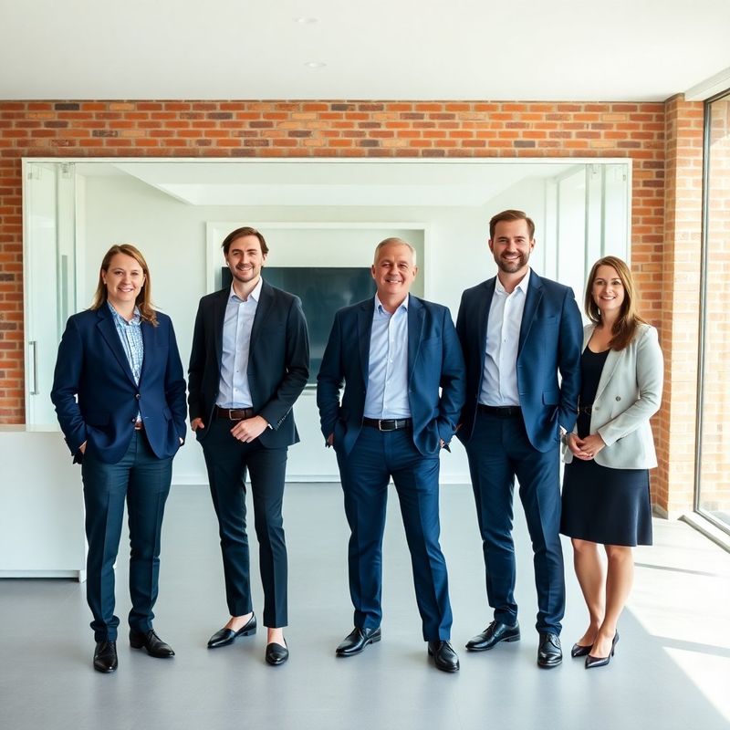 Groepsportret van vijf adviseurs van Kantoor Mulder in een modern Nederlands kantoor