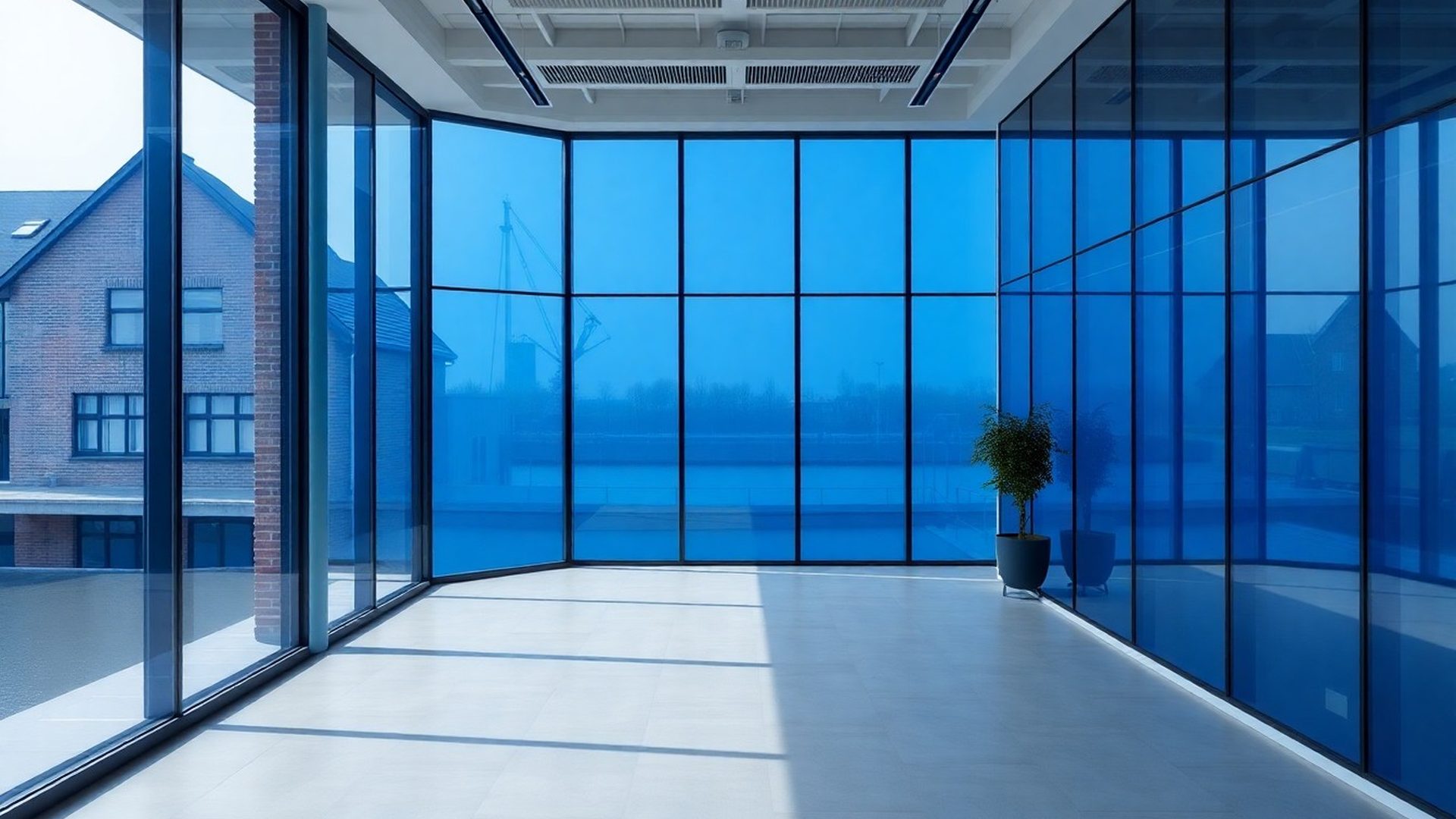 Modern kantoorinterieur van Kantoor Mulder in Almere met indigo-getint glas en zacht daglicht
